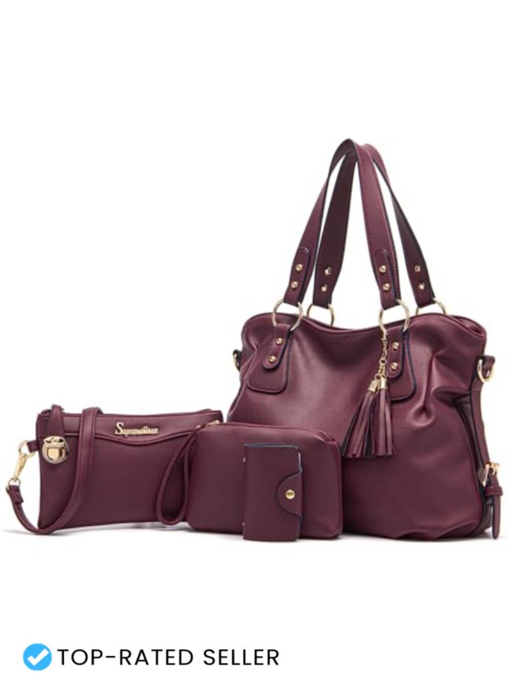 Soperwillton 4pc Vegan Synthetic Leather Hobo Tote Shoulder Bag Set with Wallet